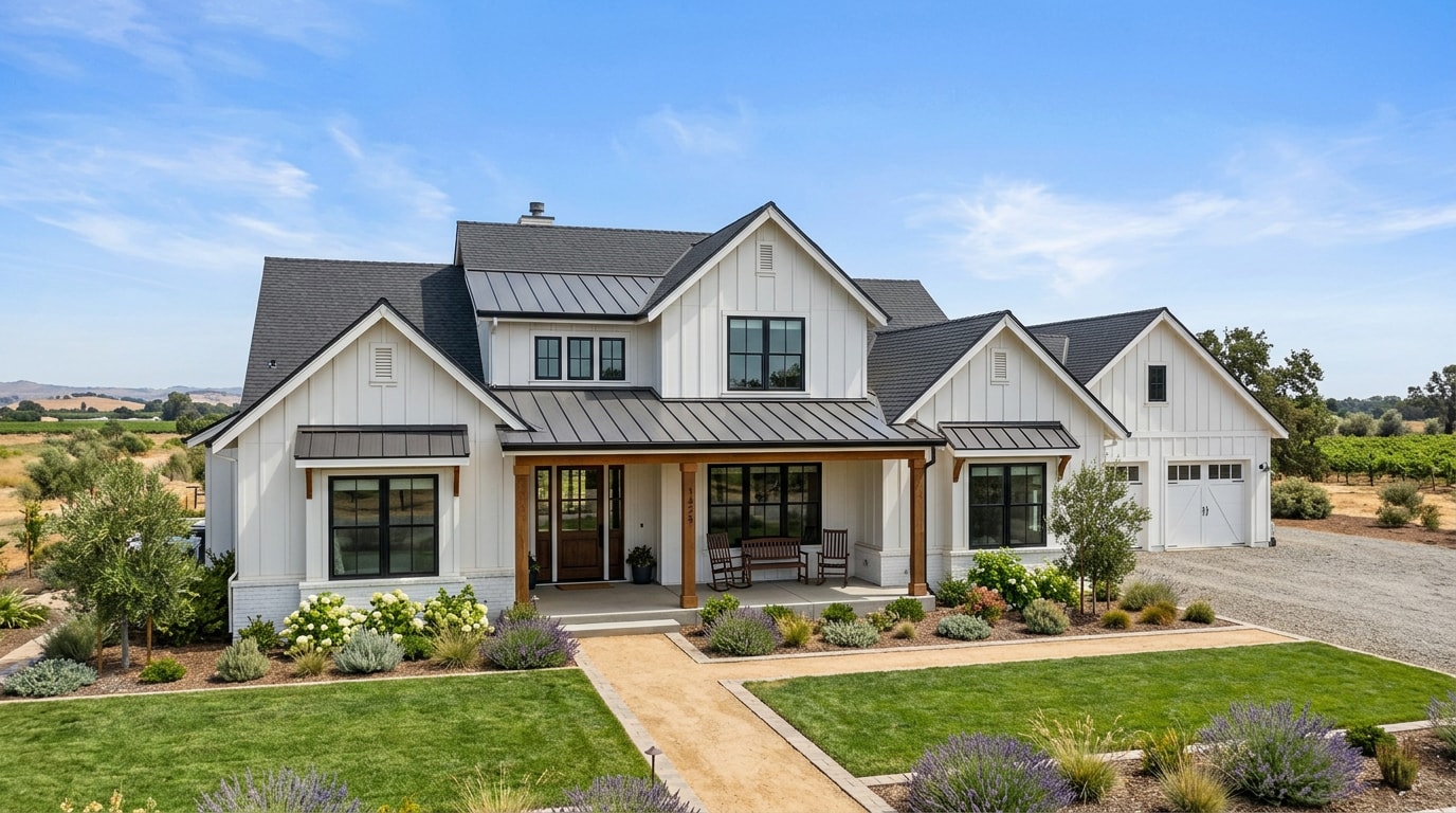 Finished custom home exterior built in Central Valley California style Finished custom home exterior built in Central Valley California style